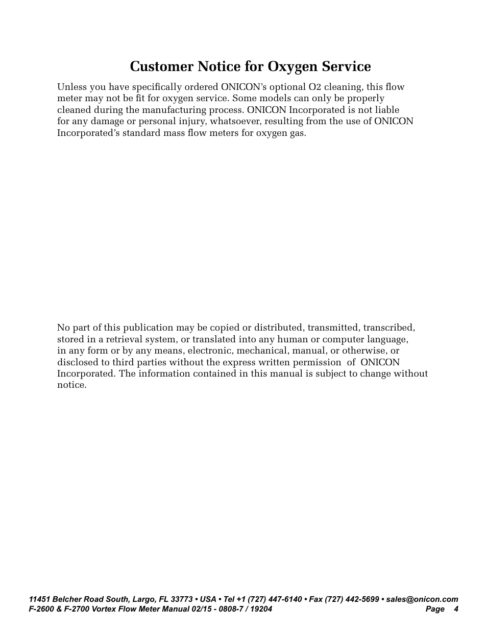 Customer notice for oxygen service | ONICON F-2600 User Manual | Page 4 / 131