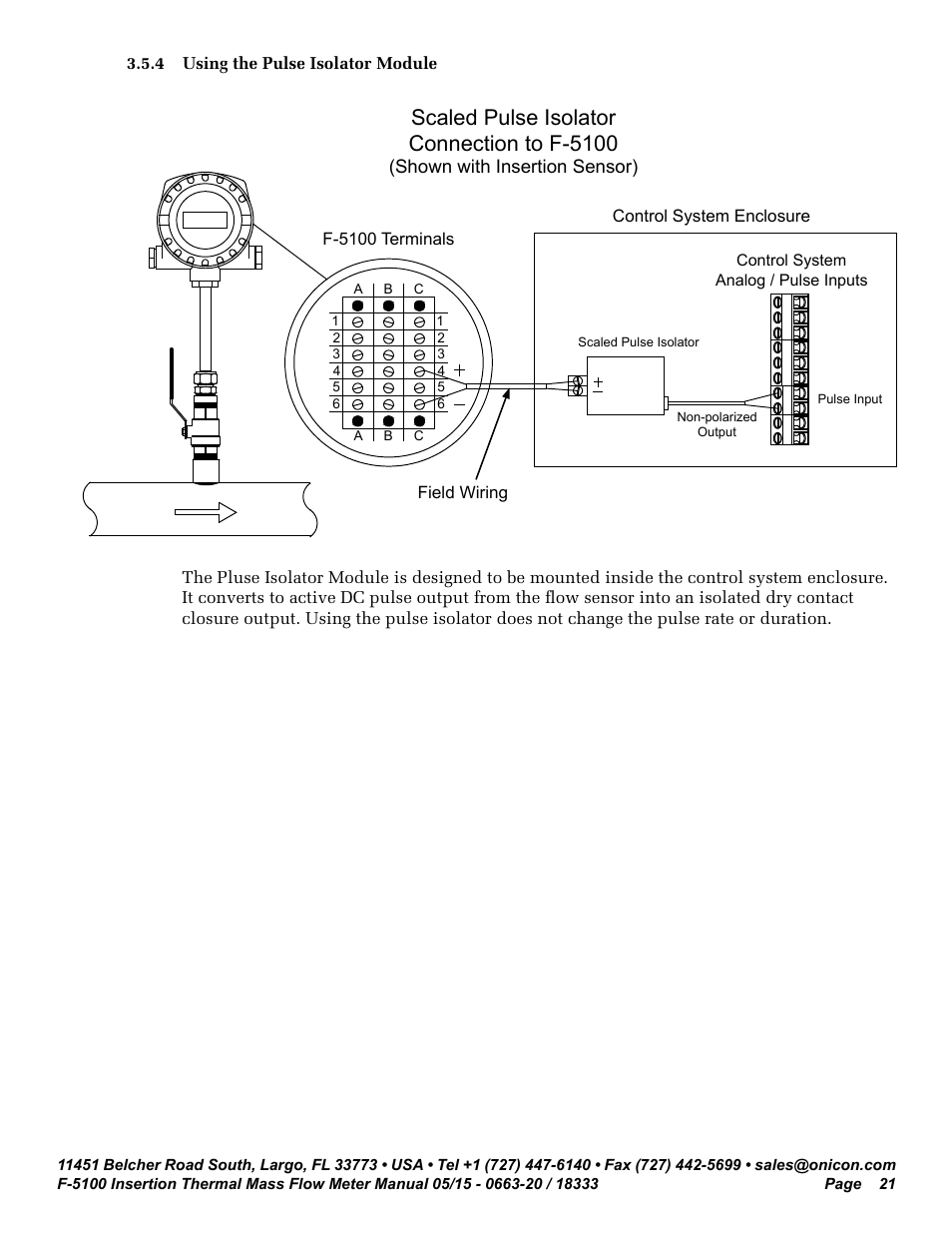 Scaled pulse isolator connection to f-5100, Control system enclosure | ONICON F-5100 Insertion User Manual | Page 21 / 33