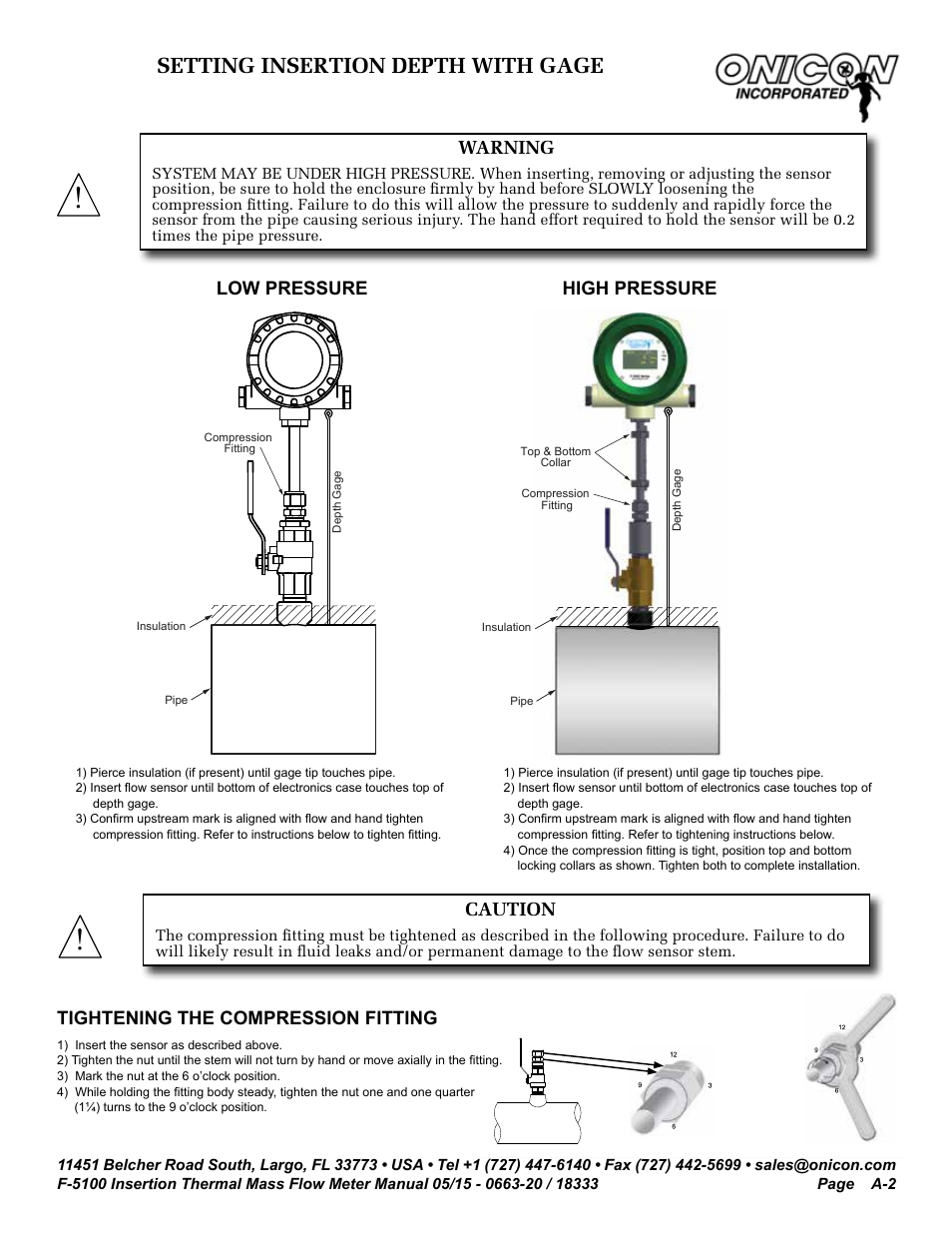 Setting insertion depth with gage, Tightening compression fitting, Tightening the compression fitting | Caution, Warning, Low pressure high pressure | ONICON F-5100 Insertion User Manual | Page 29 / 33