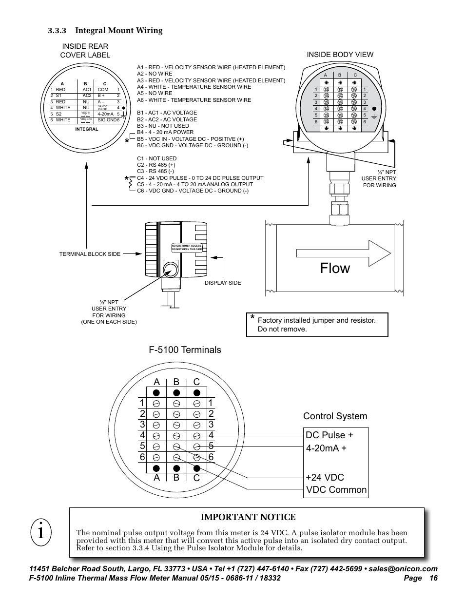 Flow, Important notice, 3 integral mount wiring | ONICON F-5100 Inline User Manual | Page 16 / 25