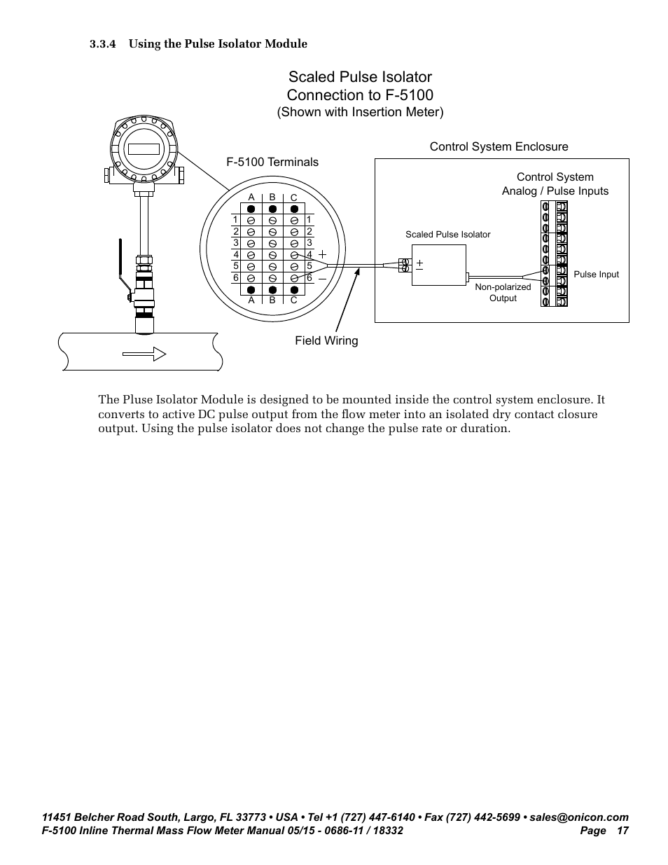 Scaled pulse isolator connection to f-5100, Control system enclosure | ONICON F-5100 Inline User Manual | Page 17 / 25