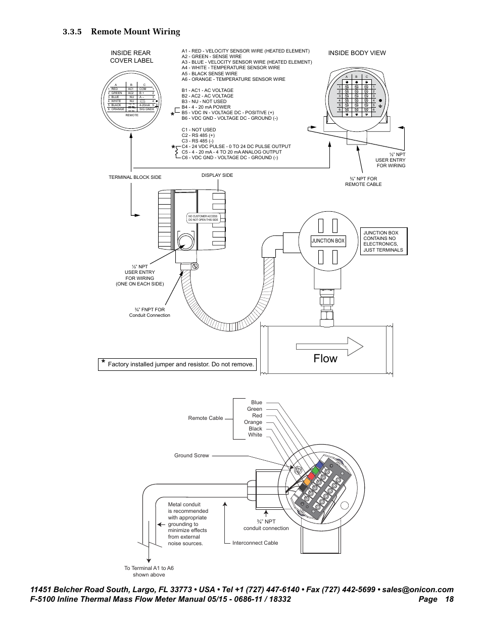 Flow, 5 remote mount wiring, Inside body view inside rear cover label | ONICON F-5100 Inline User Manual | Page 18 / 25