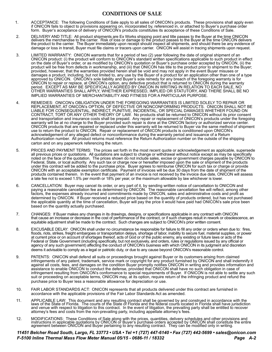 Conditions of sale | ONICON F-5100 Inline User Manual | Page 25 / 25