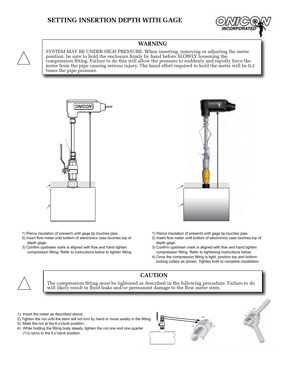 Setting insertion depth with gage, Tightening compression fitting, Tightening the compression fitting | Caution, Warning, Low pressure high pressure | ONICON F-5200 Insertion User Manual | Page 26 / 27
