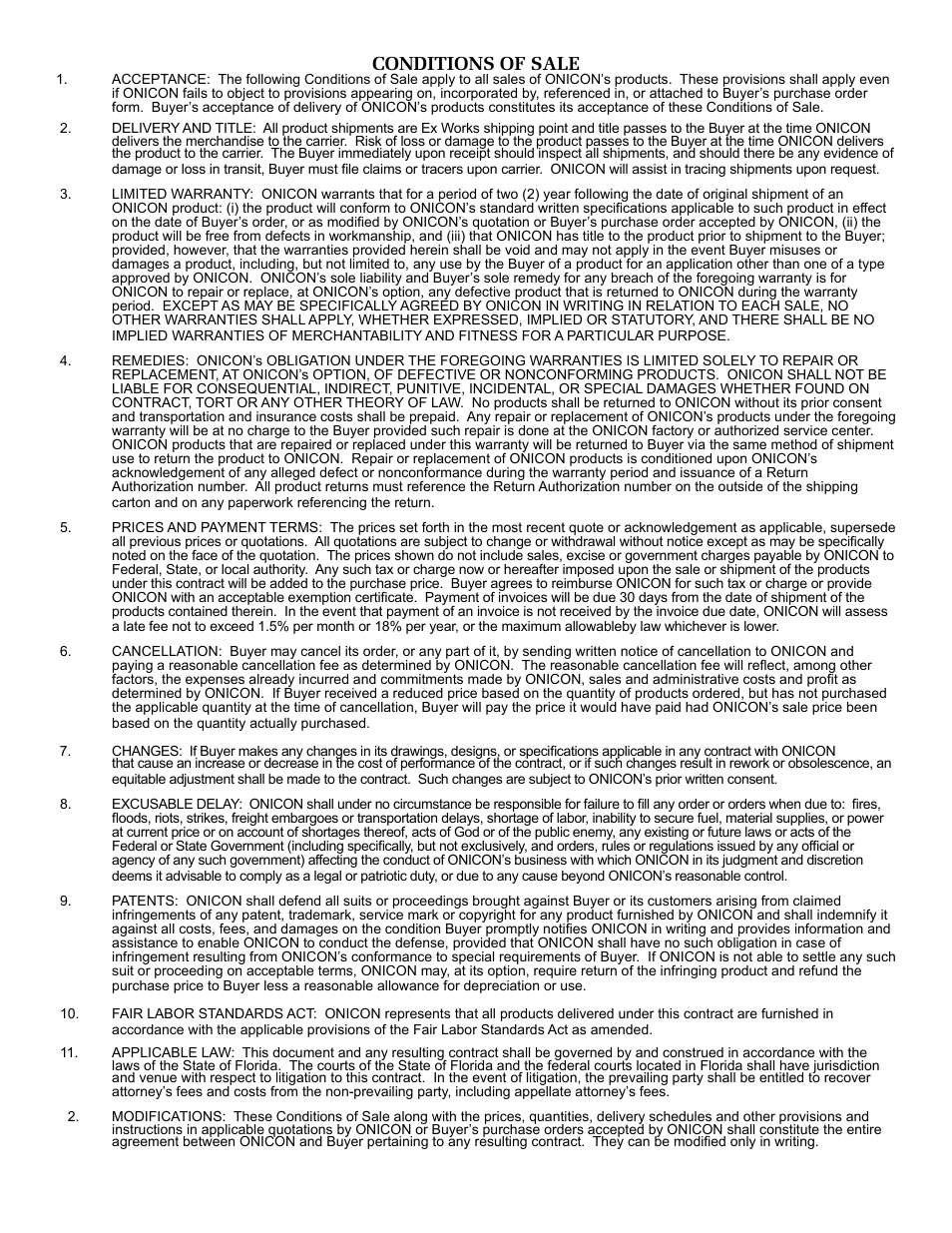 Conditions of sale | ONICON F-5200 Insertion User Manual | Page 27 / 27