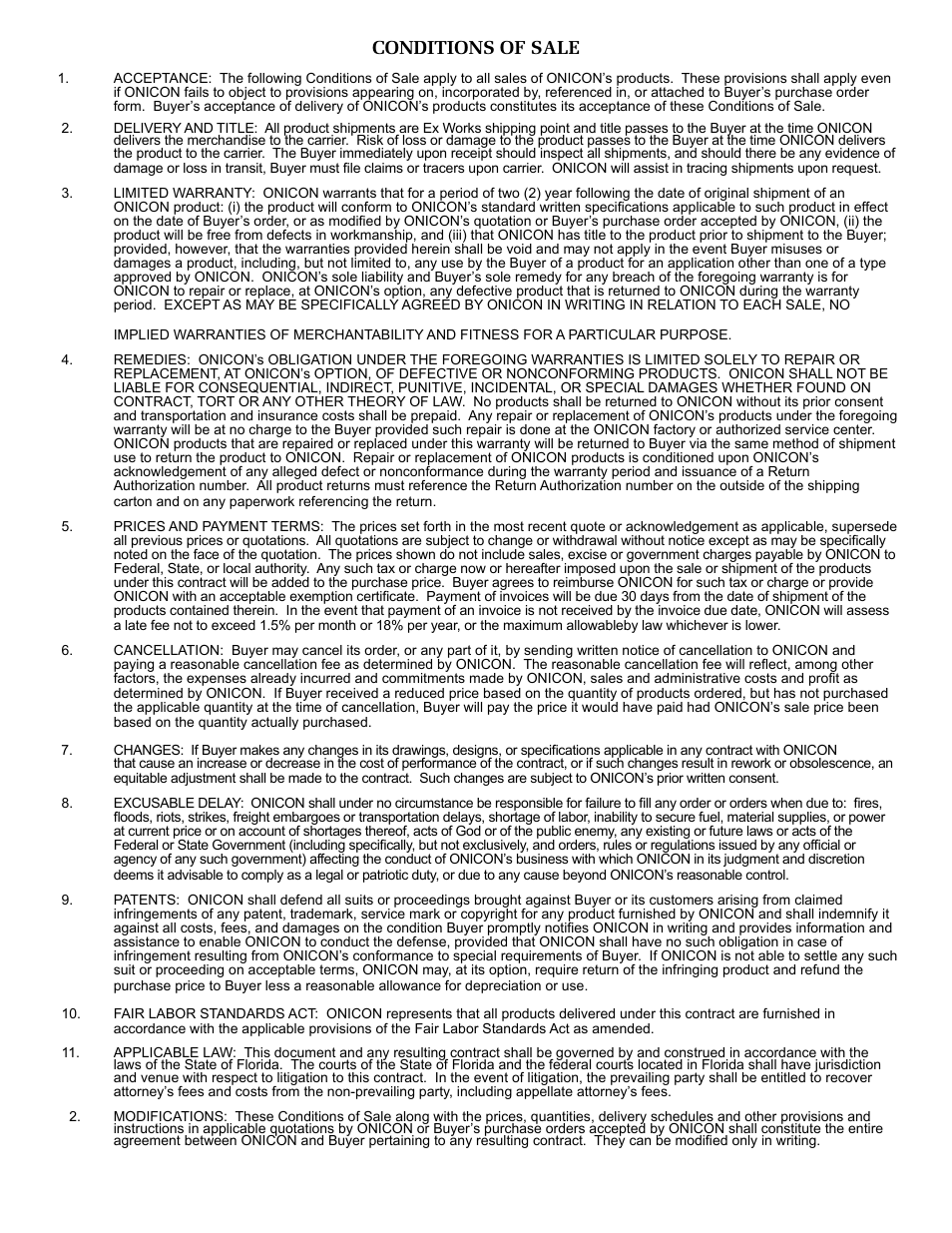 Conditions of sale | ONICON F-5200 Inline User Manual | Page 20 / 20