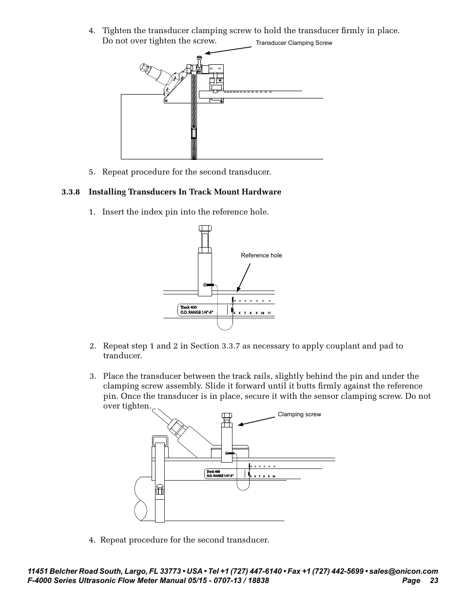 Repeat procedure for the second transducer, Transducer clamping screw, Reference hole | Clamping screw, Reflect mode, O.d. range 1/4"-5, Track 400 | ONICON F-4000 Series User Manual | Page 23 / 52