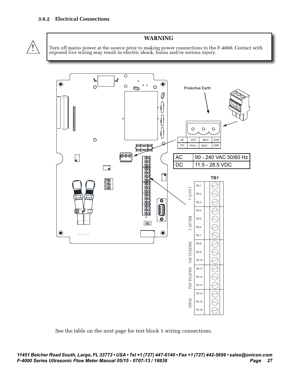 Warning, 2 electrical connections | ONICON F-4000 Series User Manual | Page 27 / 52