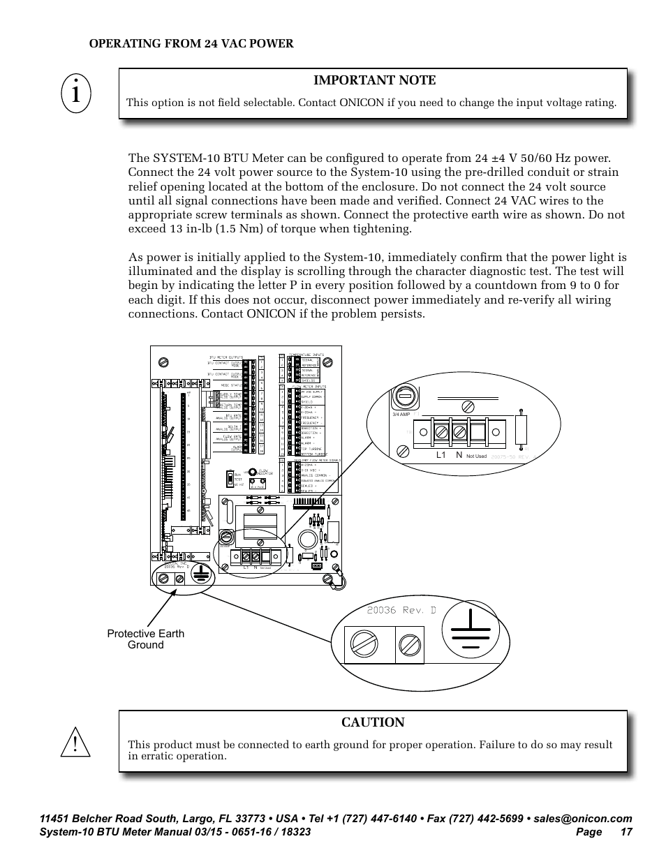 Caution, Operating from 24 vac power | ONICON System-10 BTU User Manual | Page 17 / 57
