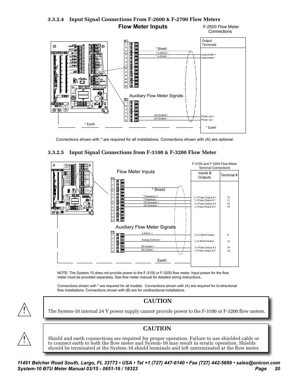 Caution, Flow meter inputs, Auxiliary flow meter signals | ONICON System-10 BTU User Manual | Page 20 / 57