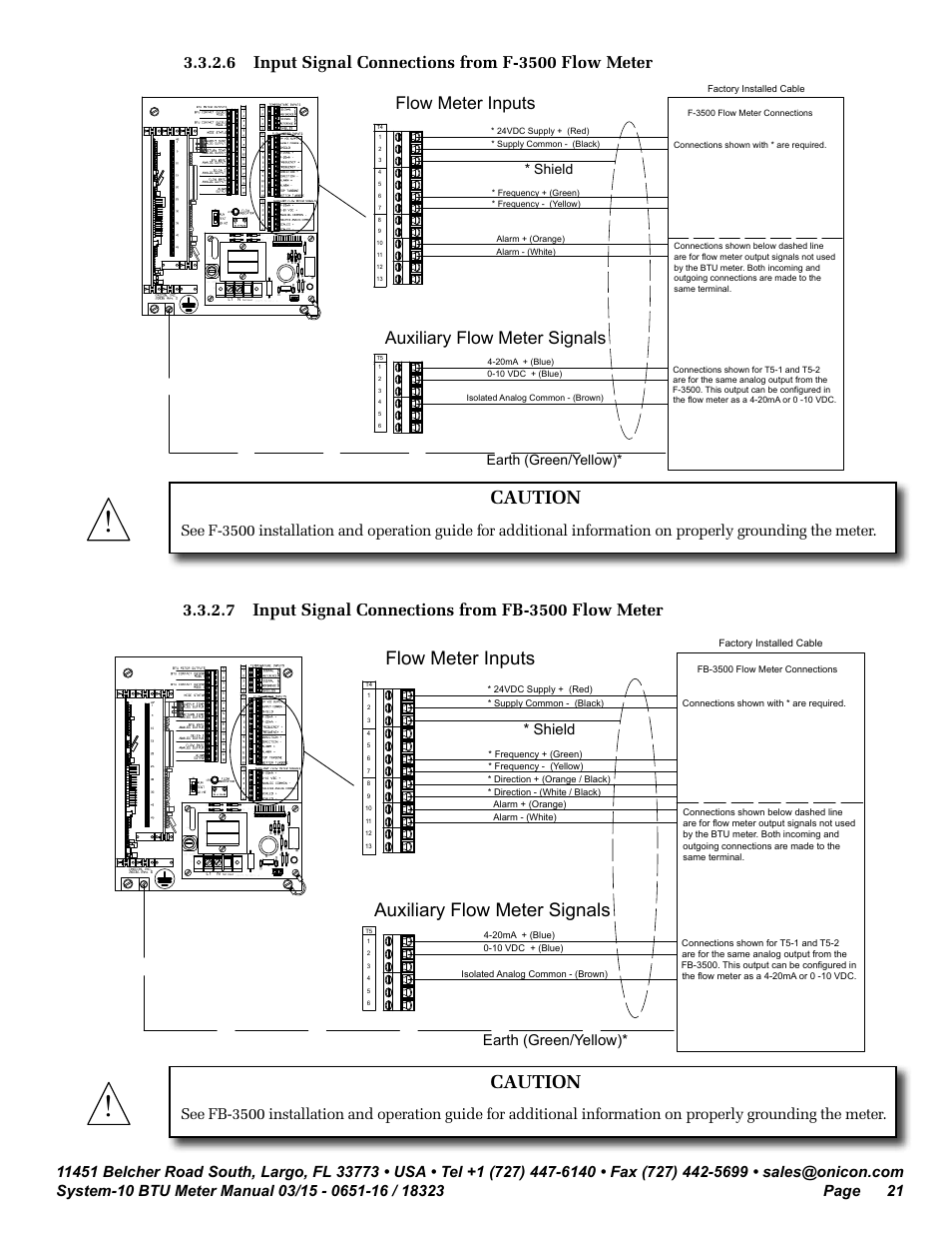 Flow meter inputs, Auxiliary flow meter signals, Caution | Shield, Earth (green/yellow), G60hz, Led1 t1, Var1 | ONICON System-10 BTU User Manual | Page 21 / 57