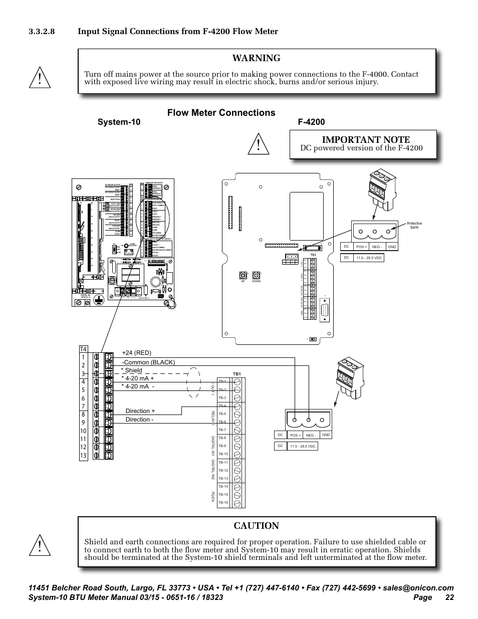 Caution, Warning, Flow meter connections | Dc powered version of the f-4200, G60hz, Shield, Direction - direction, 24 (red) -common (black) | ONICON System-10 BTU User Manual | Page 22 / 57