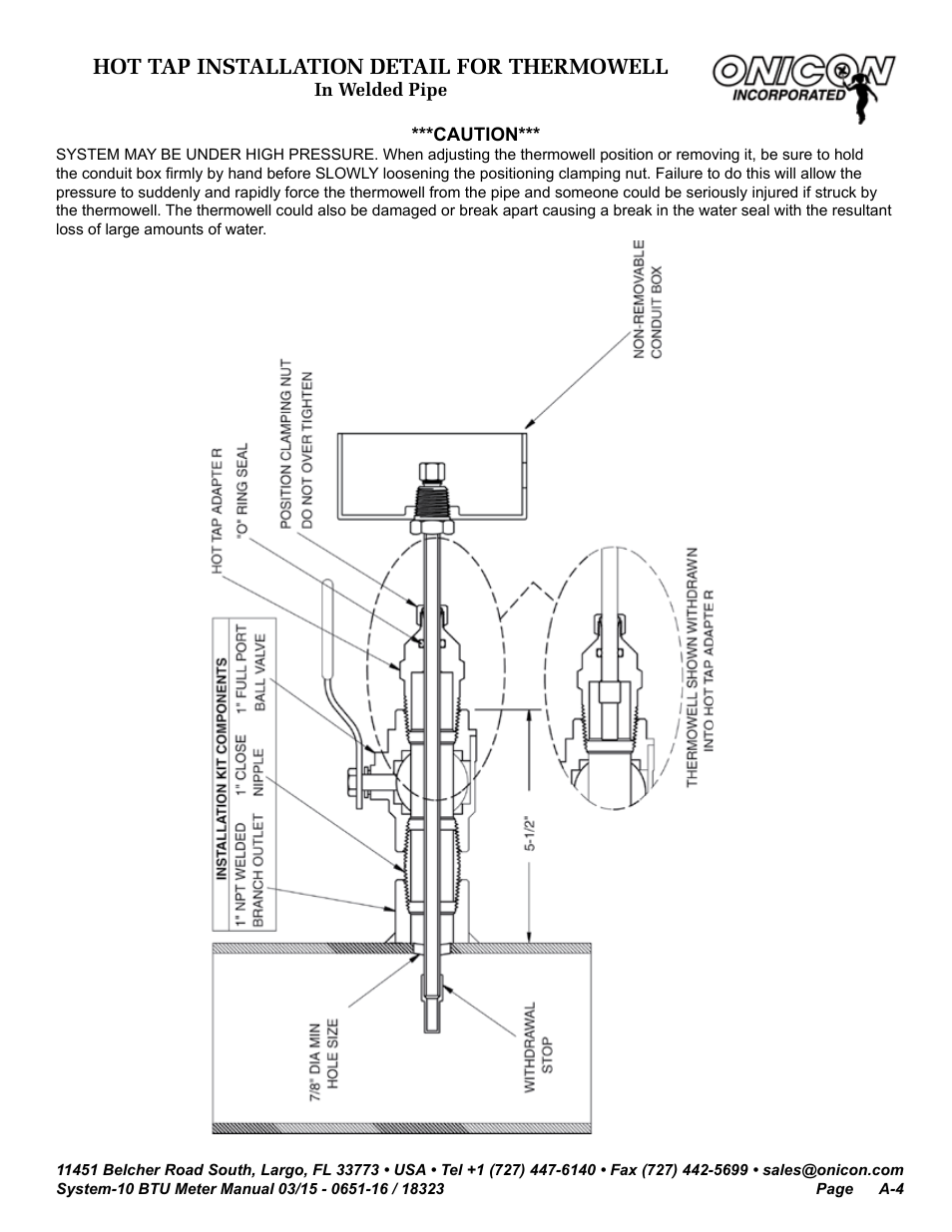 Hot tap installation detail for thermowell | ONICON System-10 BTU User Manual | Page 38 / 57