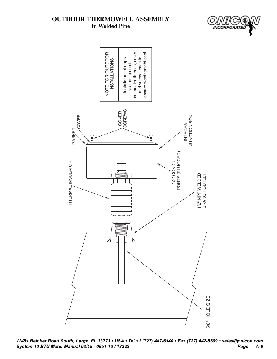 Outdoor thermowell assembly, Thermowell installation in w elded pipe | ONICON System-10 BTU User Manual | Page 40 / 57