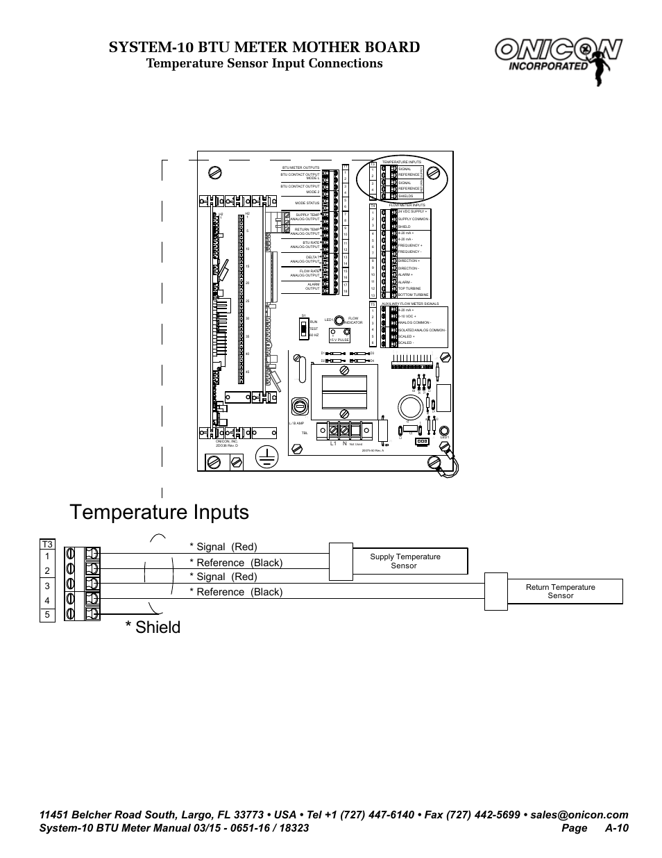 Temperature inputs, Shield, System-10 btu meter mother board | Temperature sensor input connections | ONICON System-10 BTU User Manual | Page 44 / 57