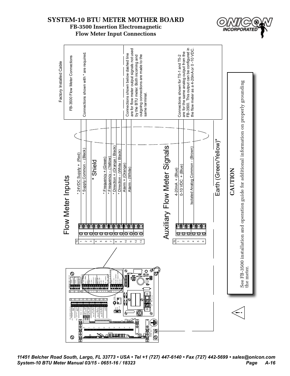 Flow meter inputs, Auxiliary flow meter signals, System-10 btu meter mother board | Shield, Earth (green/ yellow), Caution, G60hz | ONICON System-10 BTU User Manual | Page 50 / 57