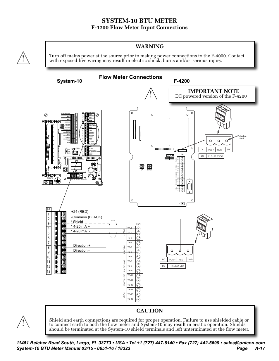 System-10 btu meter, Caution, Warning | Flow meter connections, F-4200 flow meter input connections, Dc powered version of the f-4200, G60hz, Shield, Direction - direction, 24 (red) -common (black) | ONICON System-10 BTU User Manual | Page 51 / 57