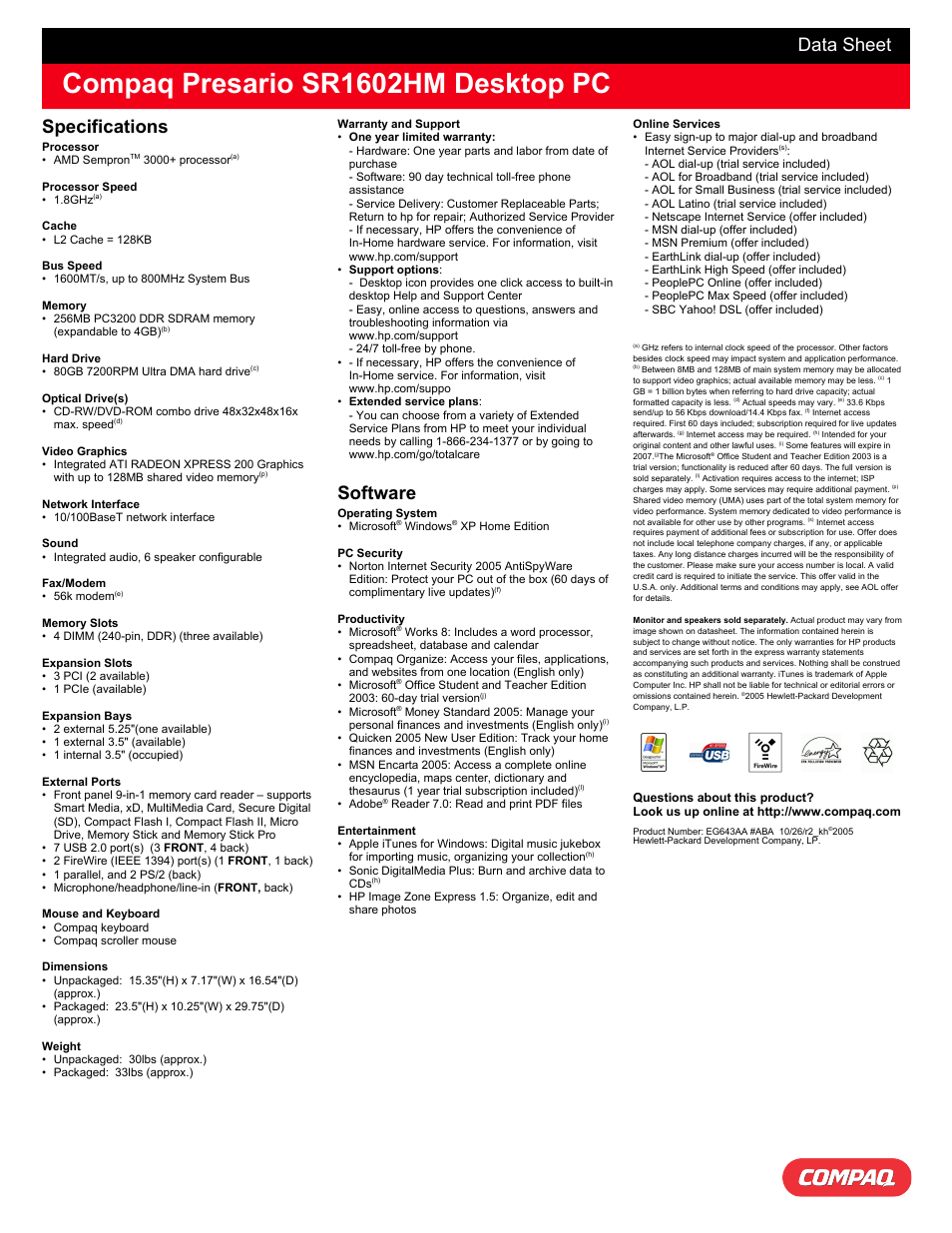 Compaq presario sr1602hm desktop pc, Data sheet, Specifications | Software | Compaq SR1602HM User Manual | Page 2 / 2