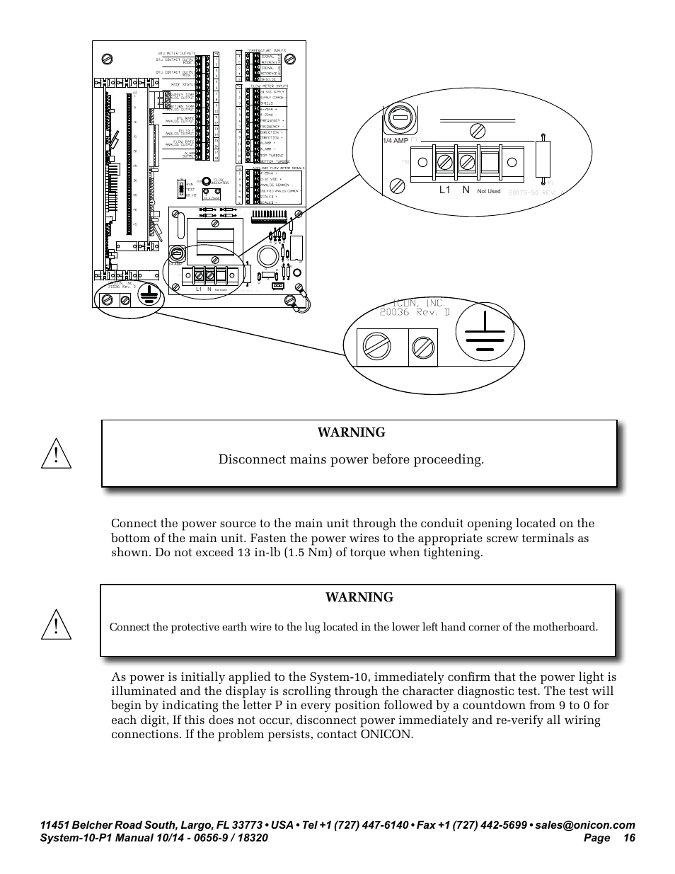 Warning disconnect mains power before proceeding, Warning, L1 n | ONICON System-10 P1 User Manual | Page 16 / 67