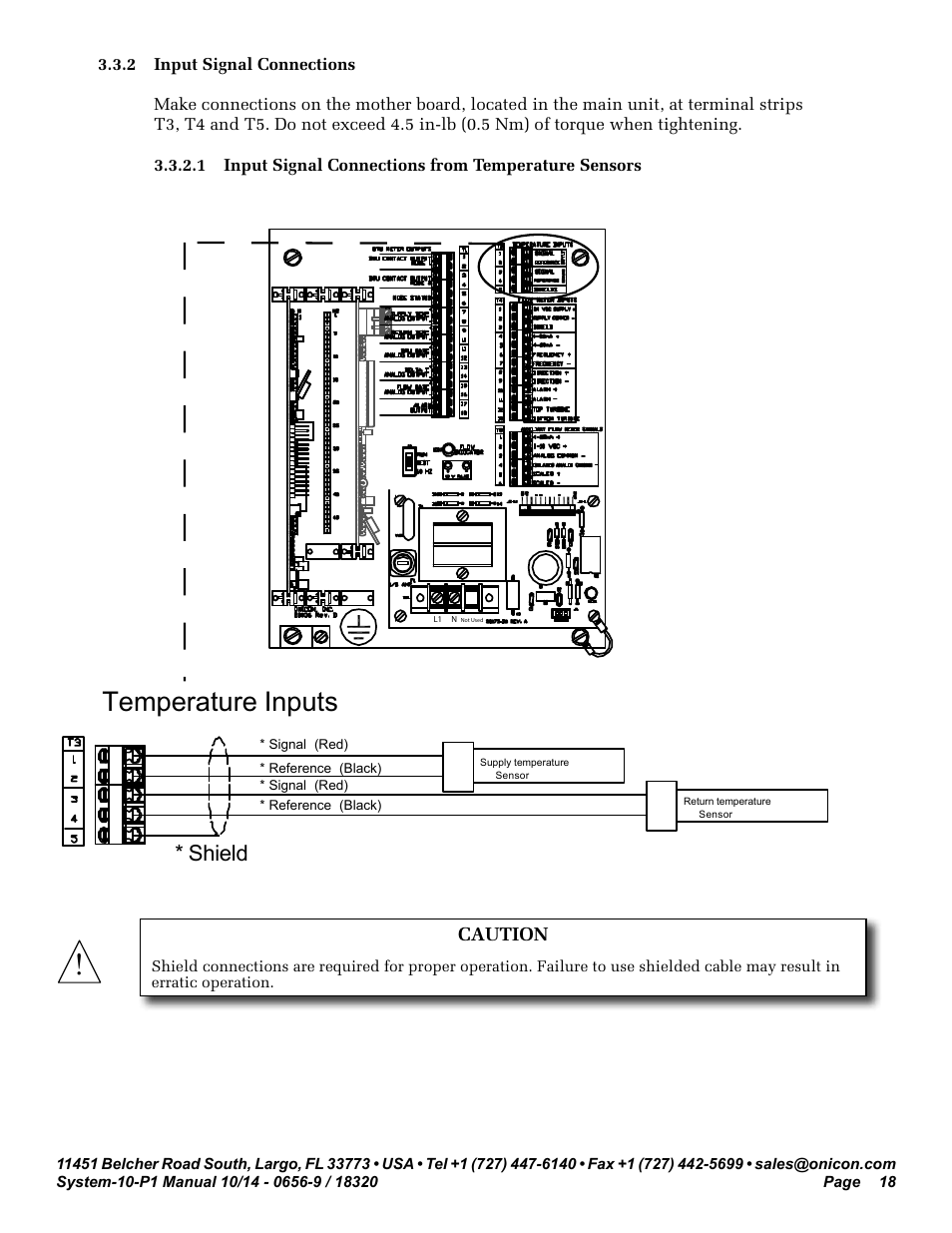Temperature inputs, Shield | ONICON System-10 P1 User Manual | Page 18 / 67