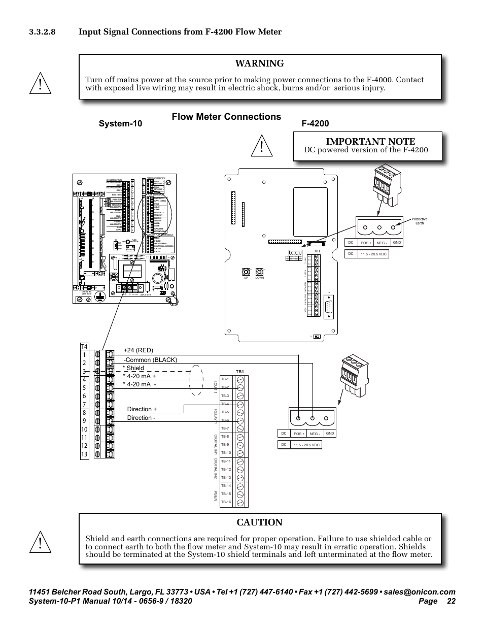 Caution, Warning, Flow meter connections | Dc powered version of the f-4200, G60hz, Shield, Direction - direction, 24 (red) -common (black) | ONICON System-10 P1 User Manual | Page 22 / 67