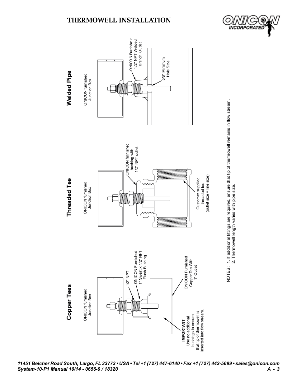 Therm owell installation, Thermowell installation, Copper tees threaded tee welded pipe | ONICON System-10 P1 User Manual | Page 45 / 67