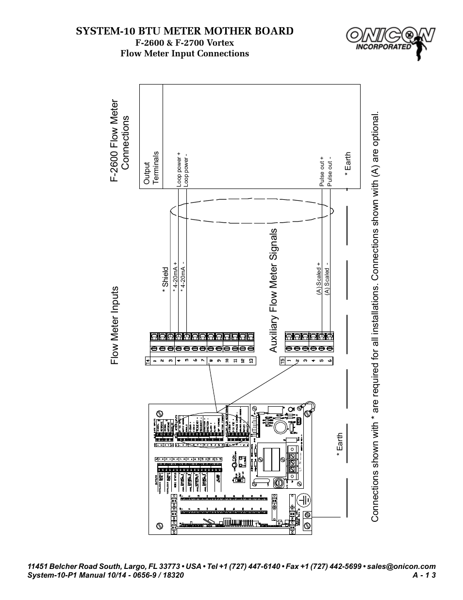 System-10 btu meter mother board, F-2600 flow meter connection s, Flow me ter inpu ts | Auxiliary flow meter signals | ONICON System-10 P1 User Manual | Page 55 / 67