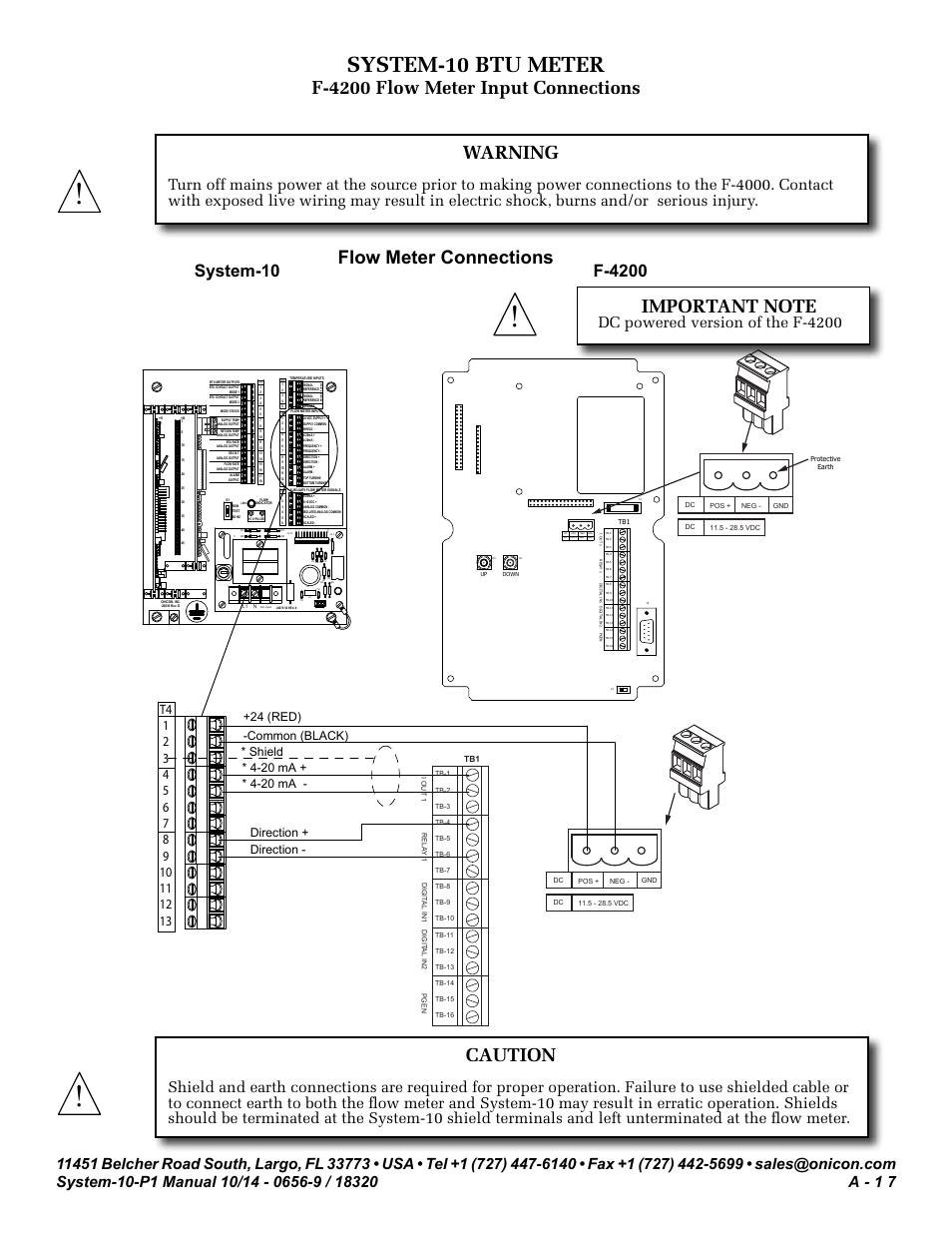 System-10 btu meter, Caution, Warning | Flow meter connections, F-4200 flow meter input connections, Dc powered version of the f-4200, G60hz, Shield, Direction - direction, 24 (red) -common (black) | ONICON System-10 P1 User Manual | Page 59 / 67