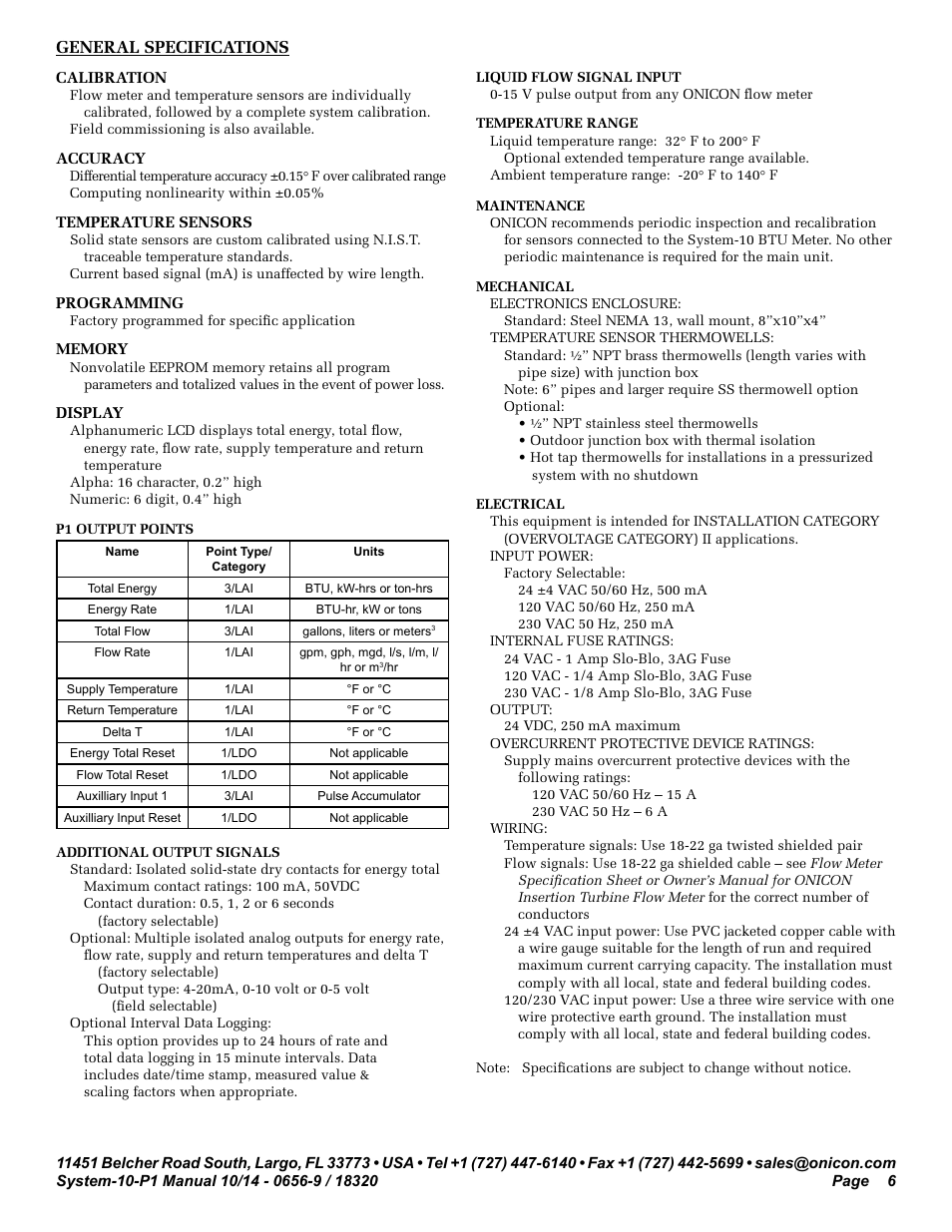 General specifications | ONICON System-10 P1 User Manual | Page 6 / 67