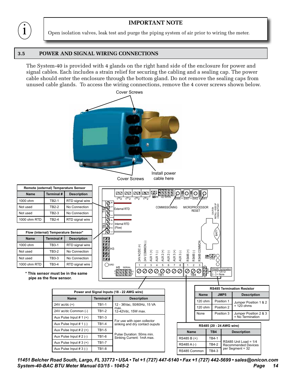 System-40-bac enclosure label, Cover screws install power cable here cover screws | ONICON System-40-BAC BTU User Manual | Page 14 / 29