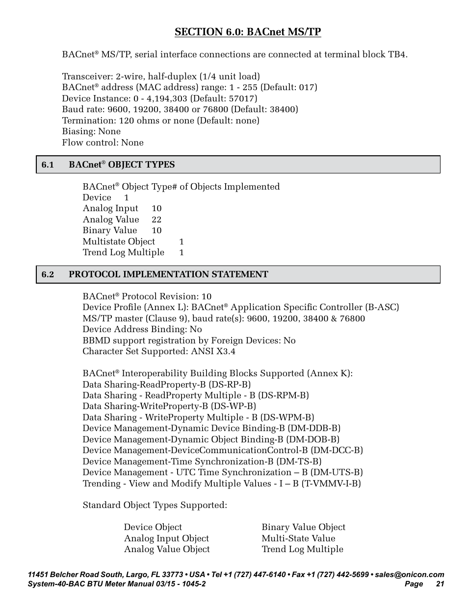 ONICON System-40-BAC BTU User Manual | Page 21 / 29
