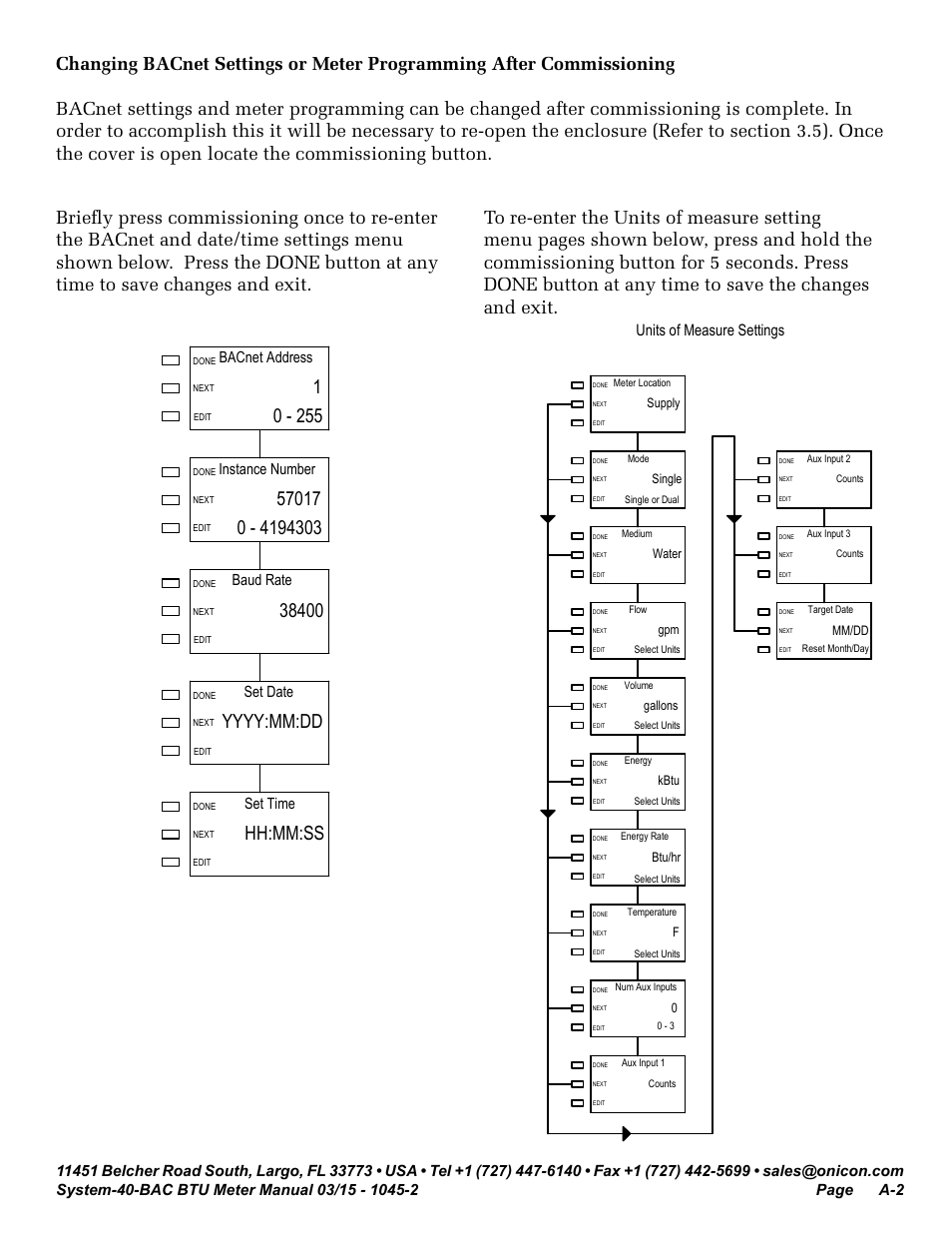 Bacnet address, Instance number, Baud rate | Set time, Set date, Units of measure settings | ONICON System-40-BAC BTU User Manual | Page 28 / 29