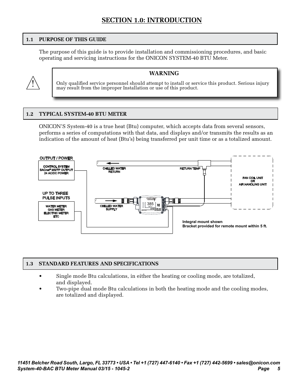 Warning | ONICON System-40-BAC BTU User Manual | Page 5 / 29