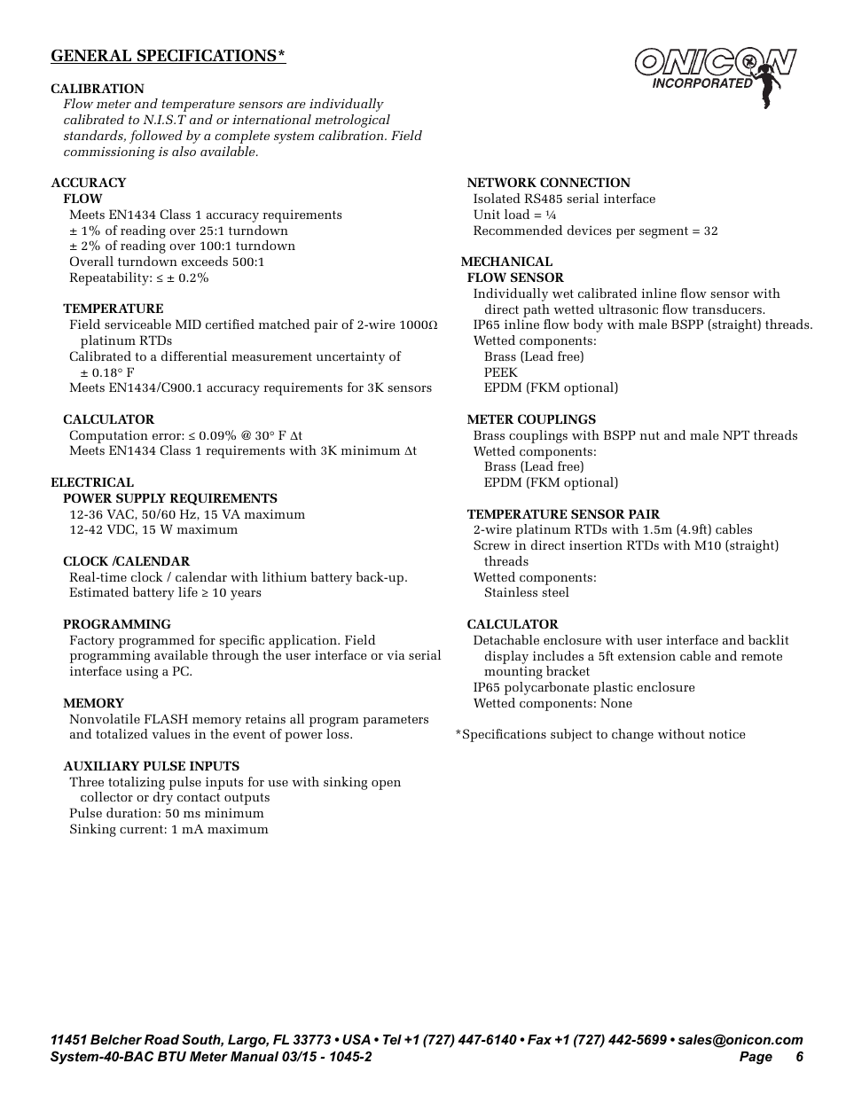 General specifications | ONICON System-40-BAC BTU User Manual | Page 6 / 29