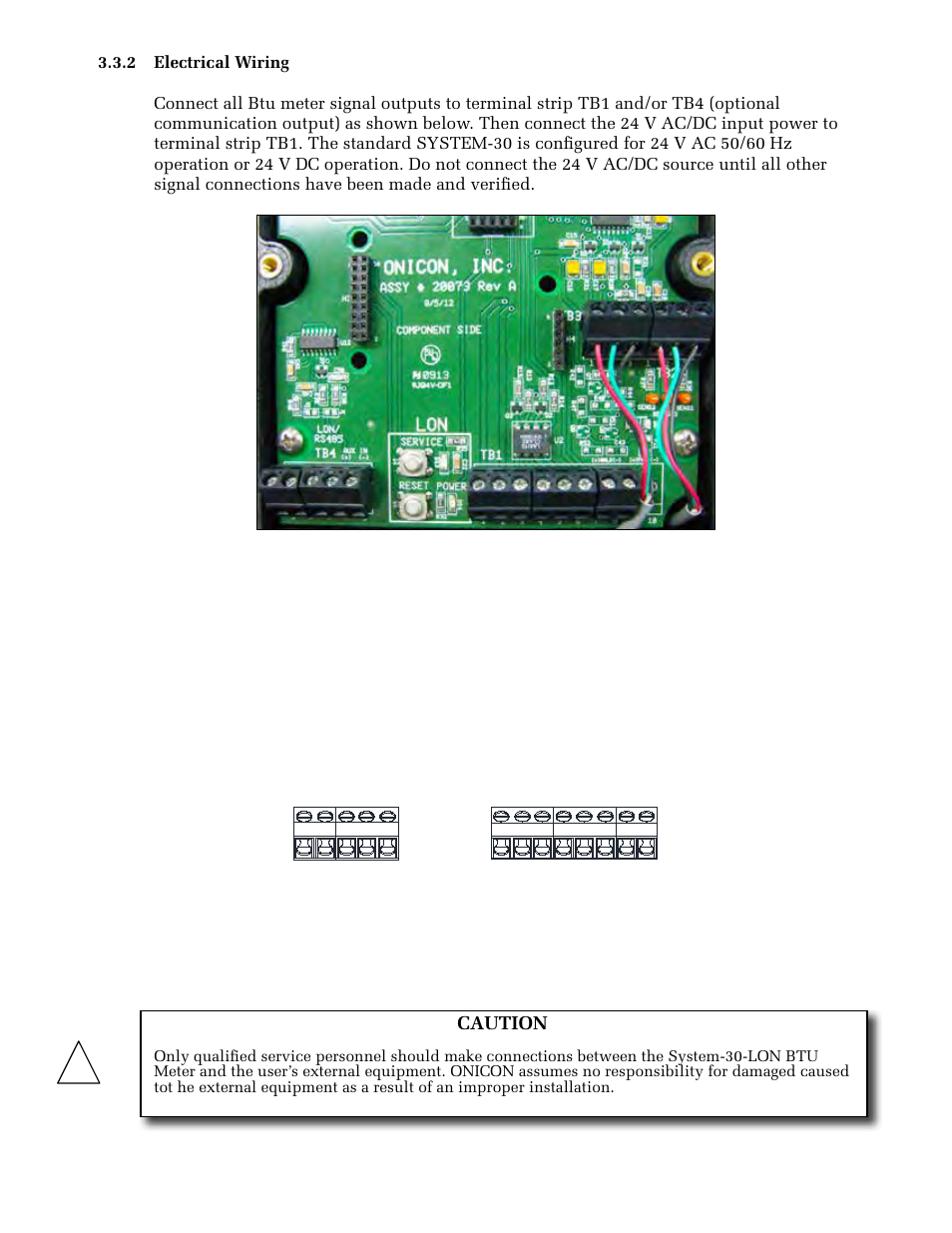 24v ac/dc, Analog output }lon c onnections, Aux pulse input | ONICON System-30 LonWorks BTU User Manual | Page 16 / 37