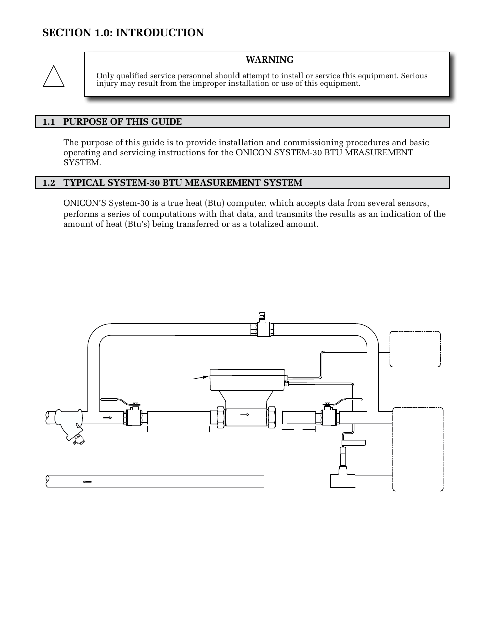 1 purpose of this guide, 2 typical system-30 btu measurement system, Warning | ONICON System-30 LonWorks BTU User Manual | Page 5 / 37