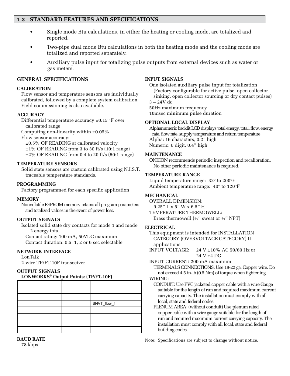 3 standard features and specifications | ONICON System-30 LonWorks BTU User Manual | Page 6 / 37