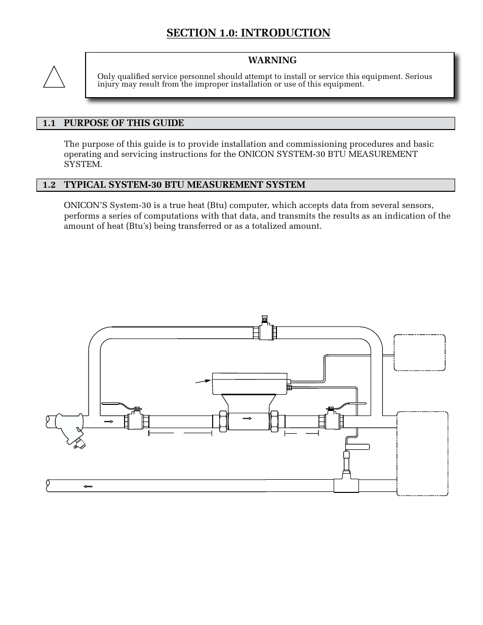 1 purpose of this guide, 2 typical system-30 btu measurement system, Warning | ONICON System-30 MODBUS BTU User Manual | Page 5 / 46