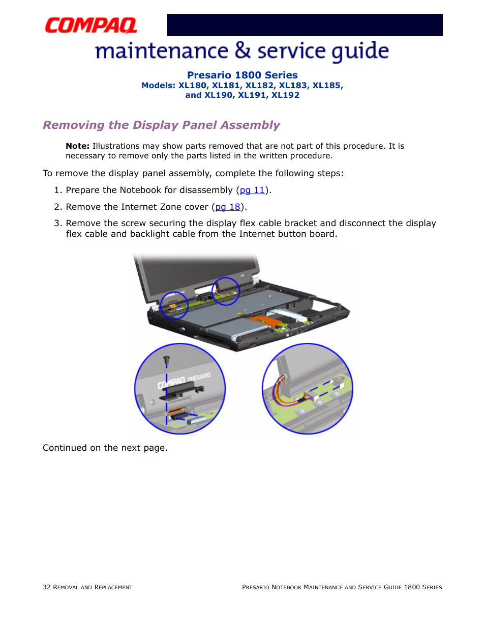 Removing the display panel assembly, Presario 1800 series | Compaq XL183 User Manual | Page 101 / 127