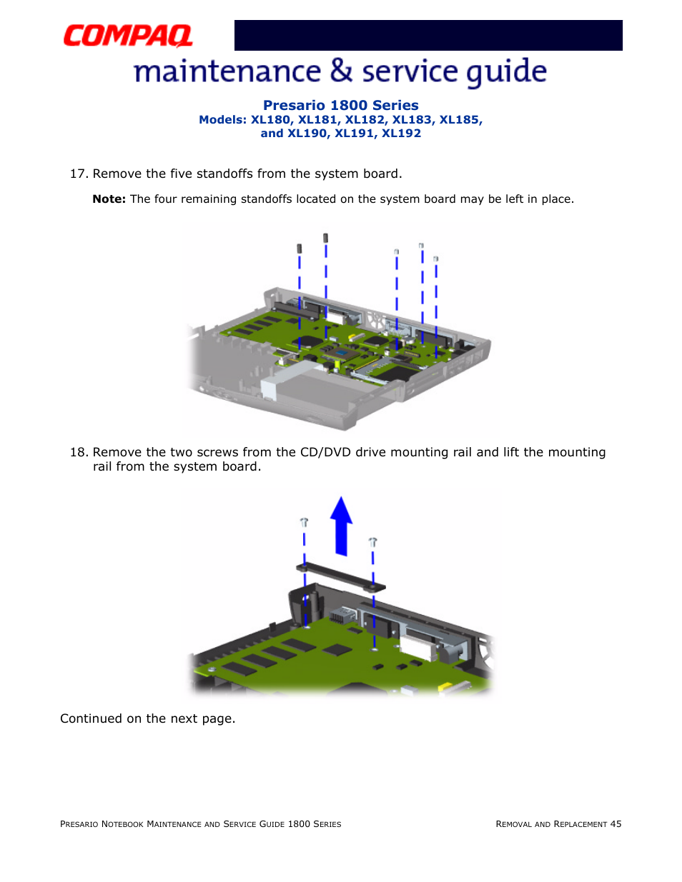 Presario 1800 series, Remove the five standoffs from the system board | Compaq XL183 User Manual | Page 114 / 127