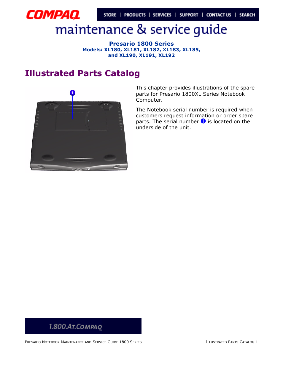 Illustrated parts catalog, Parts, Catalog | Presario 1800 series, Is located on the underside of the unit | Compaq XL183 User Manual | Page 118 / 127