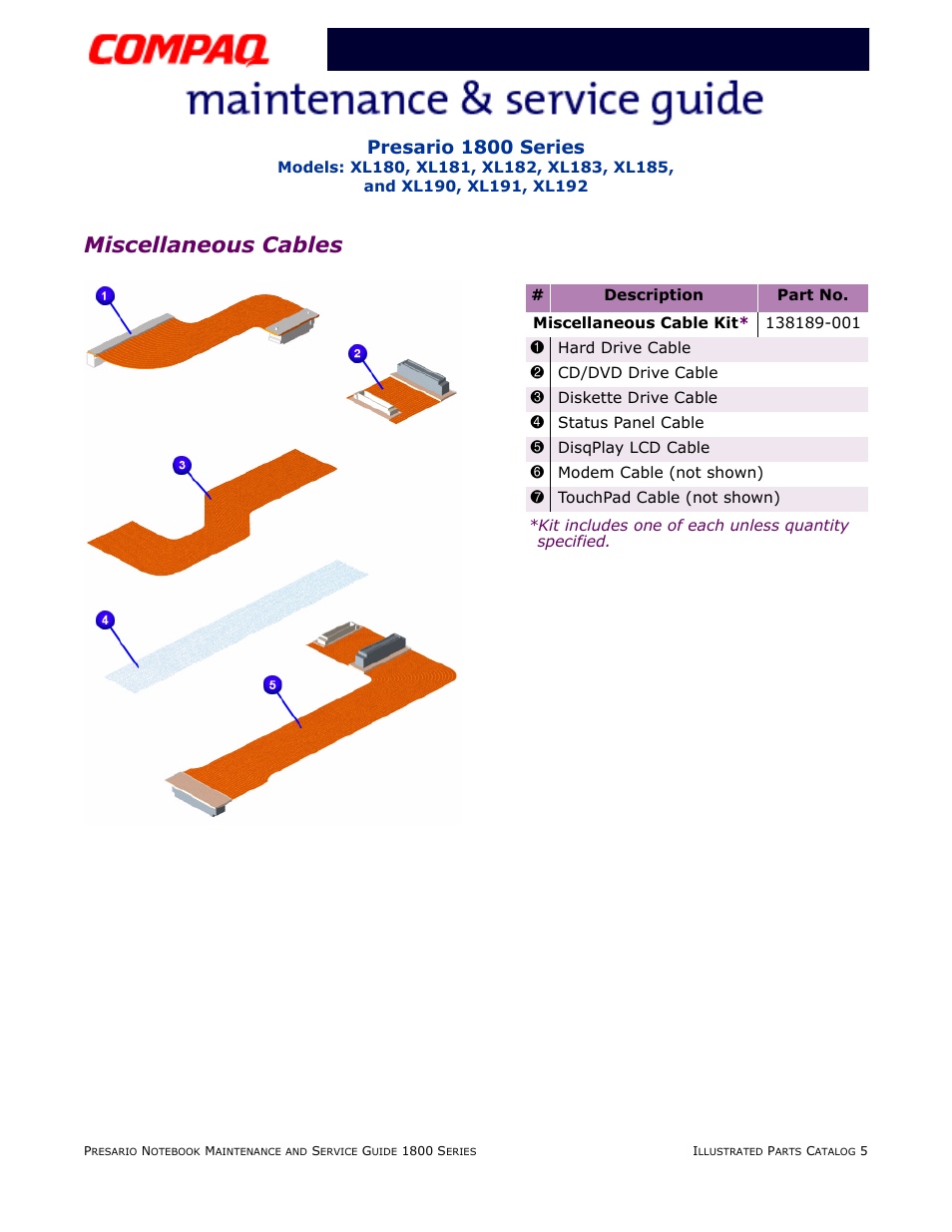 Miscellaneous cables, Presario 1800 series | Compaq XL183 User Manual | Page 122 / 127