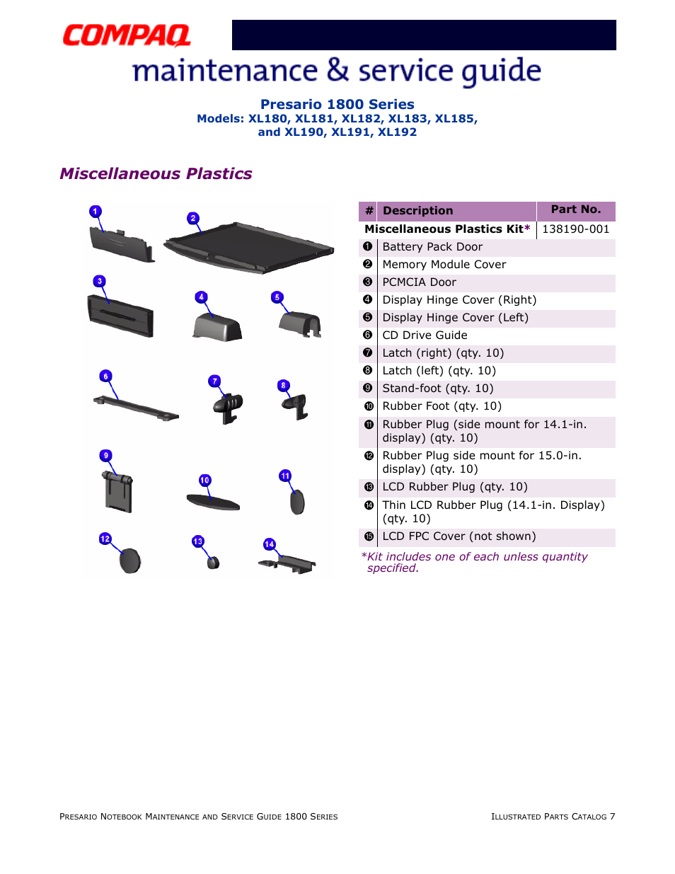 Miscellaneous plastics, Presario 1800 series | Compaq XL183 User Manual | Page 124 / 127