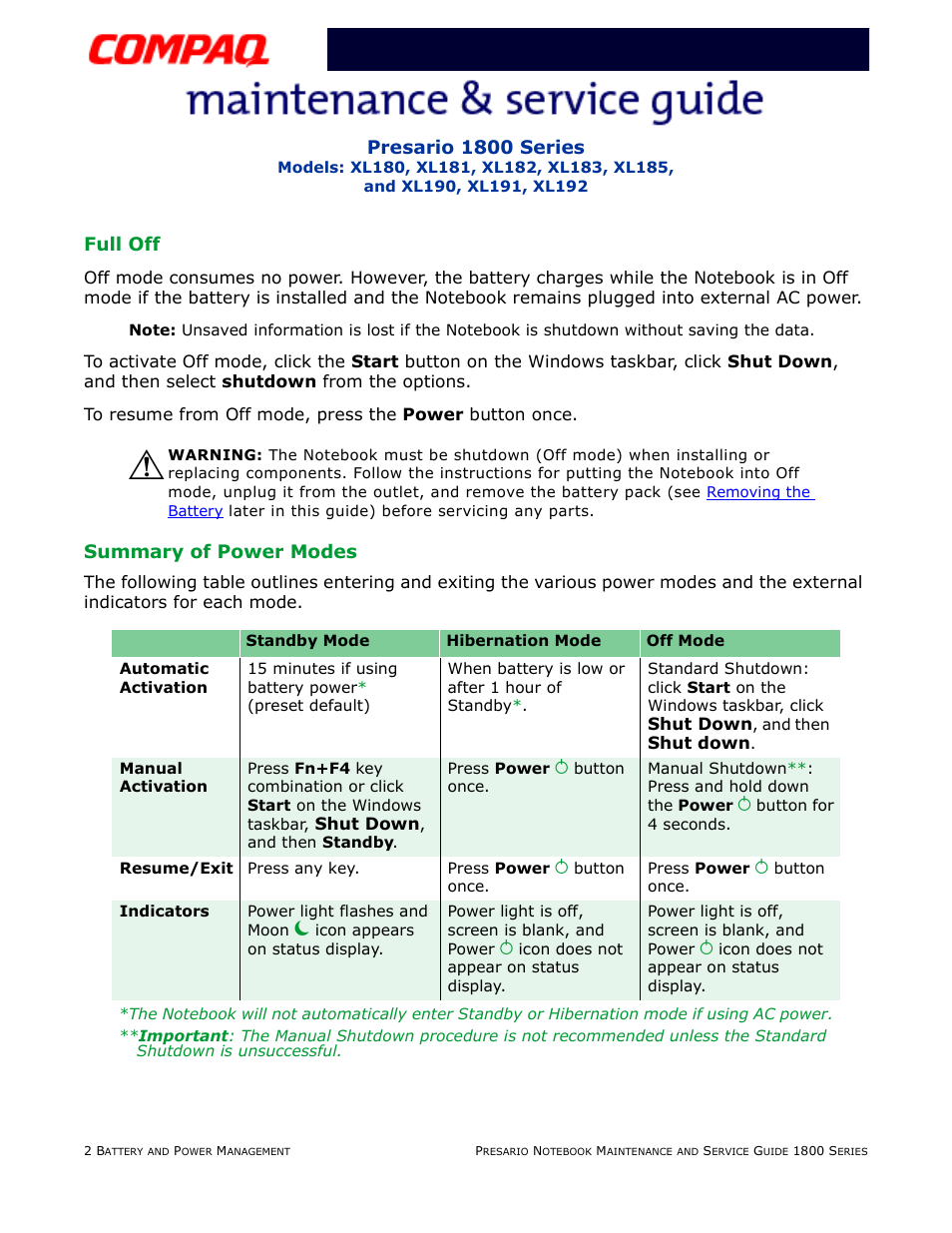 Full off, Summary of power modes | Compaq XL183 User Manual | Page 31 / 127