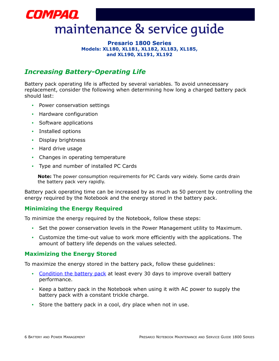 Increasing battery-operating life, Minimizing the energy required, Maximizing the energy stored | Compaq XL183 User Manual | Page 35 / 127