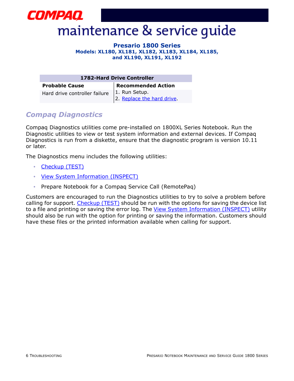 Compaq diagnostics, Presario 1800 series | Compaq XL183 User Manual | Page 42 / 127