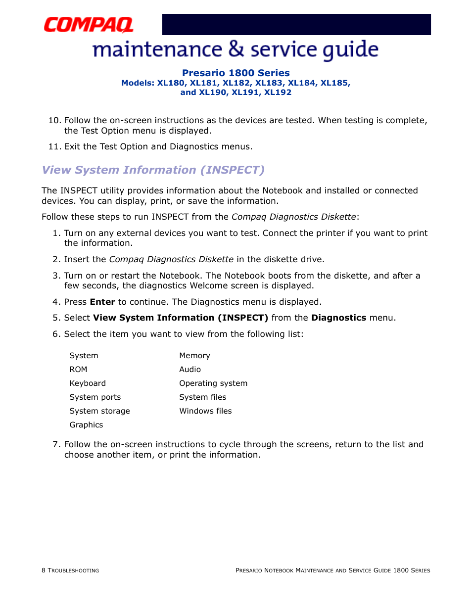 View system information (inspect), Presario 1800 series | Compaq XL183 User Manual | Page 44 / 127