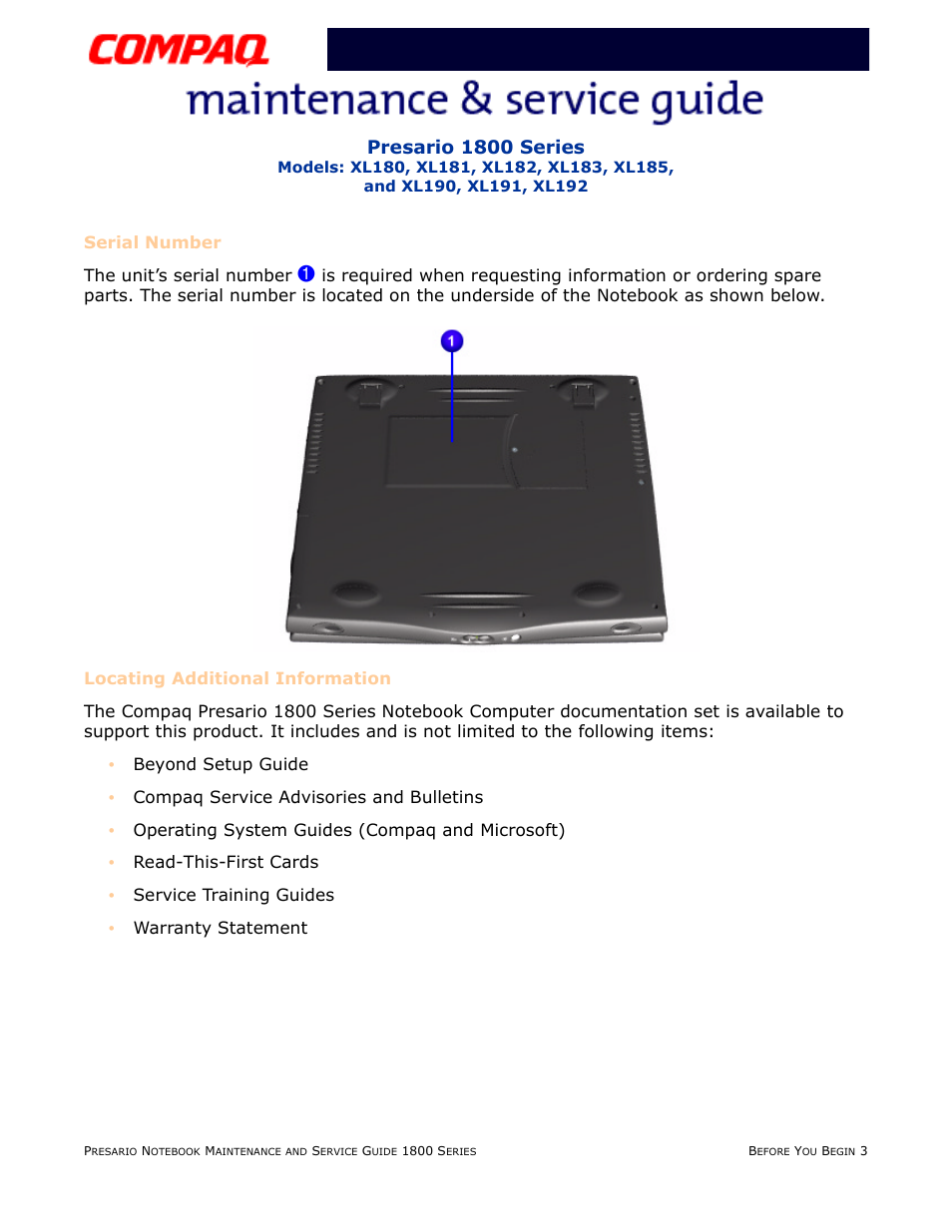 Serial number, Locating additional information, Presario 1800 series | Compaq XL183 User Manual | Page 5 / 127