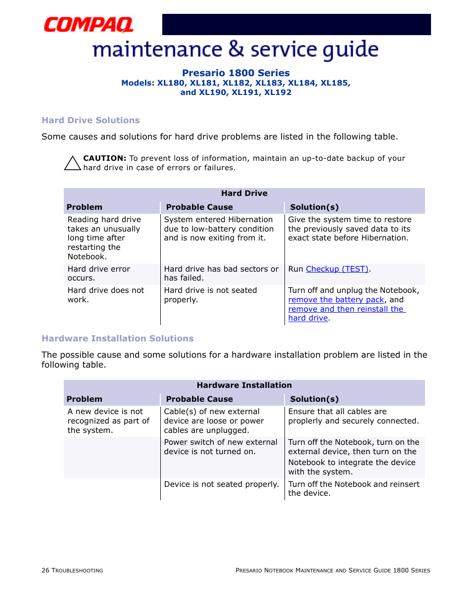 Hard drive solutions, Hardware installation solutions, Hard drive | Hardware installation, Presario 1800 series | Compaq XL183 User Manual | Page 62 / 127