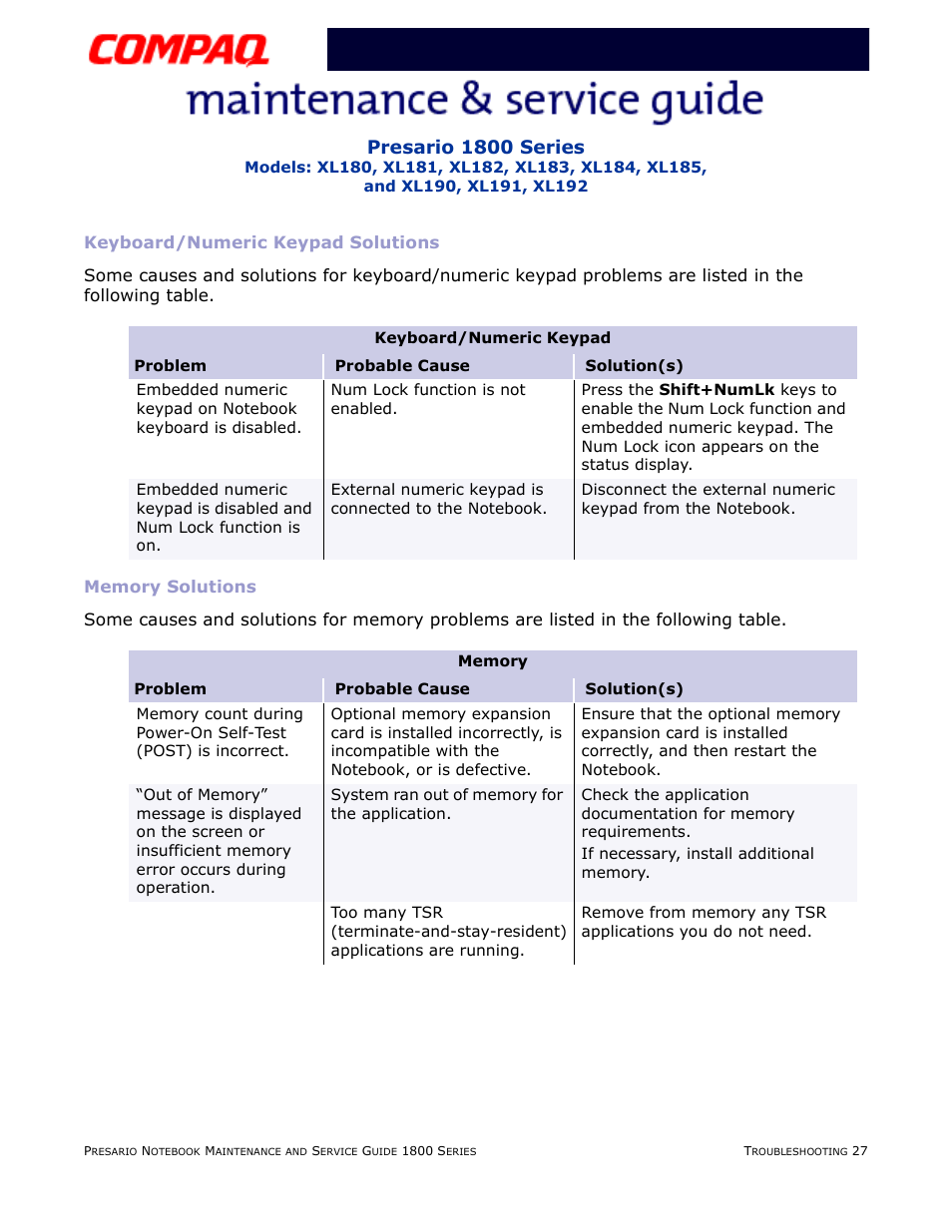 Keyboard/numeric keypad solutions, Memory solutions, Memory | Keyboard/numeric keypad, Presario 1800 series | Compaq XL183 User Manual | Page 63 / 127